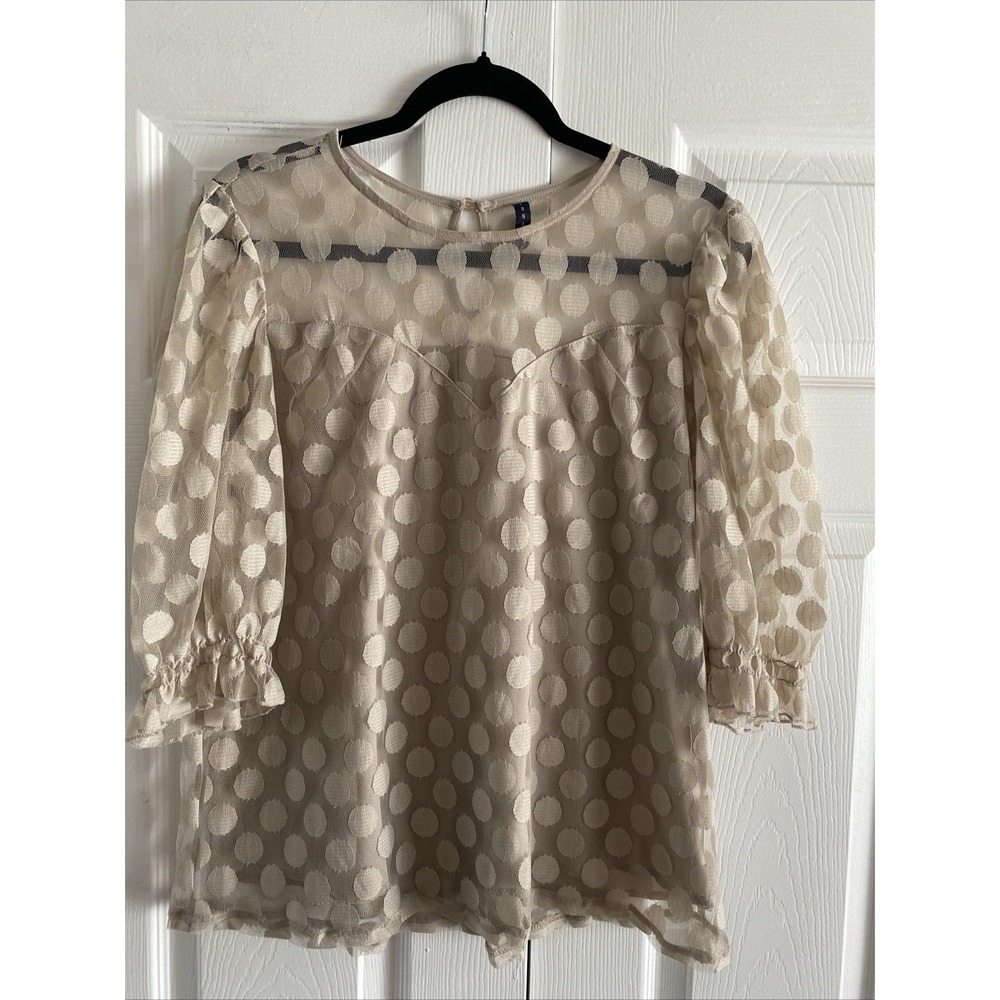 UNI Polka Dot Mesh Ruffle Blouse Womens Size M Beigeโ Sheer Romantic Top Nylon